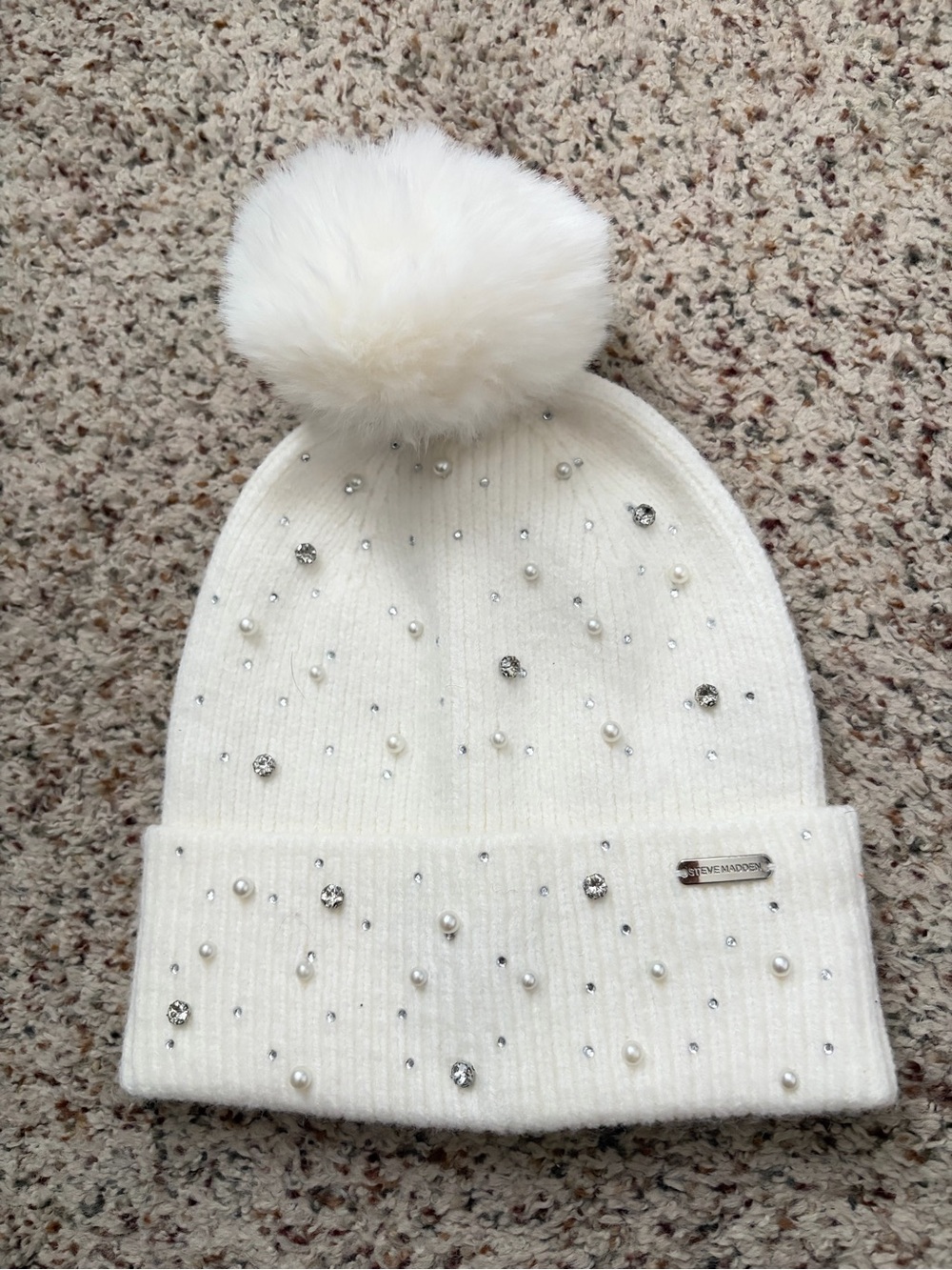 Steve Madden Ivory Knit Pom Beanie with Pearl & Crystal Accents